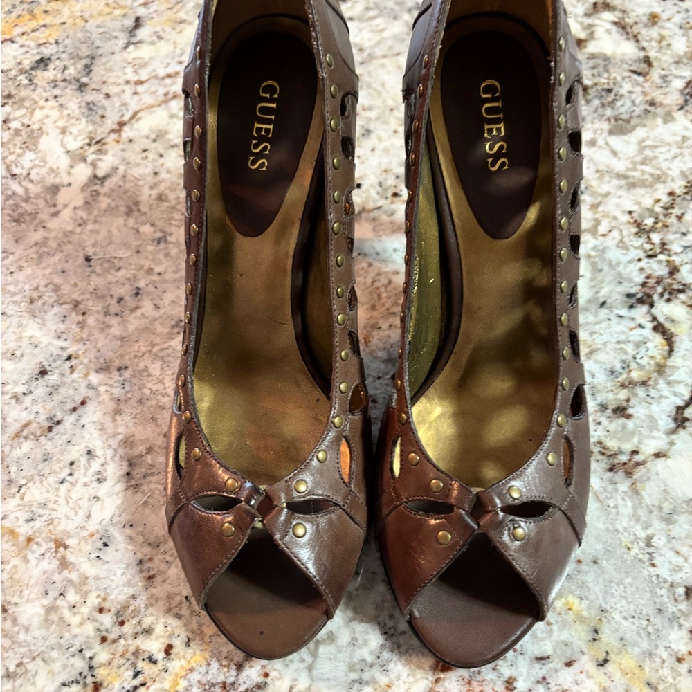Guess Brown Cutout Peep Toe Heels